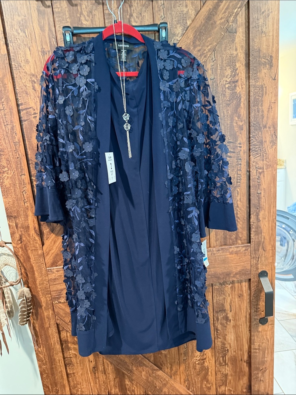 R & M Richards Navy Floral Appliqué Evening Jacket Set